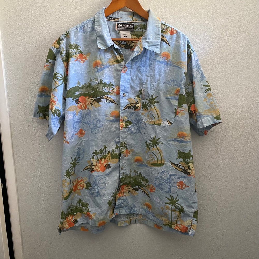 Columbia Mens XL Tropical Island Palm Tree Sunsets Cotton Button Down Shirt Blue